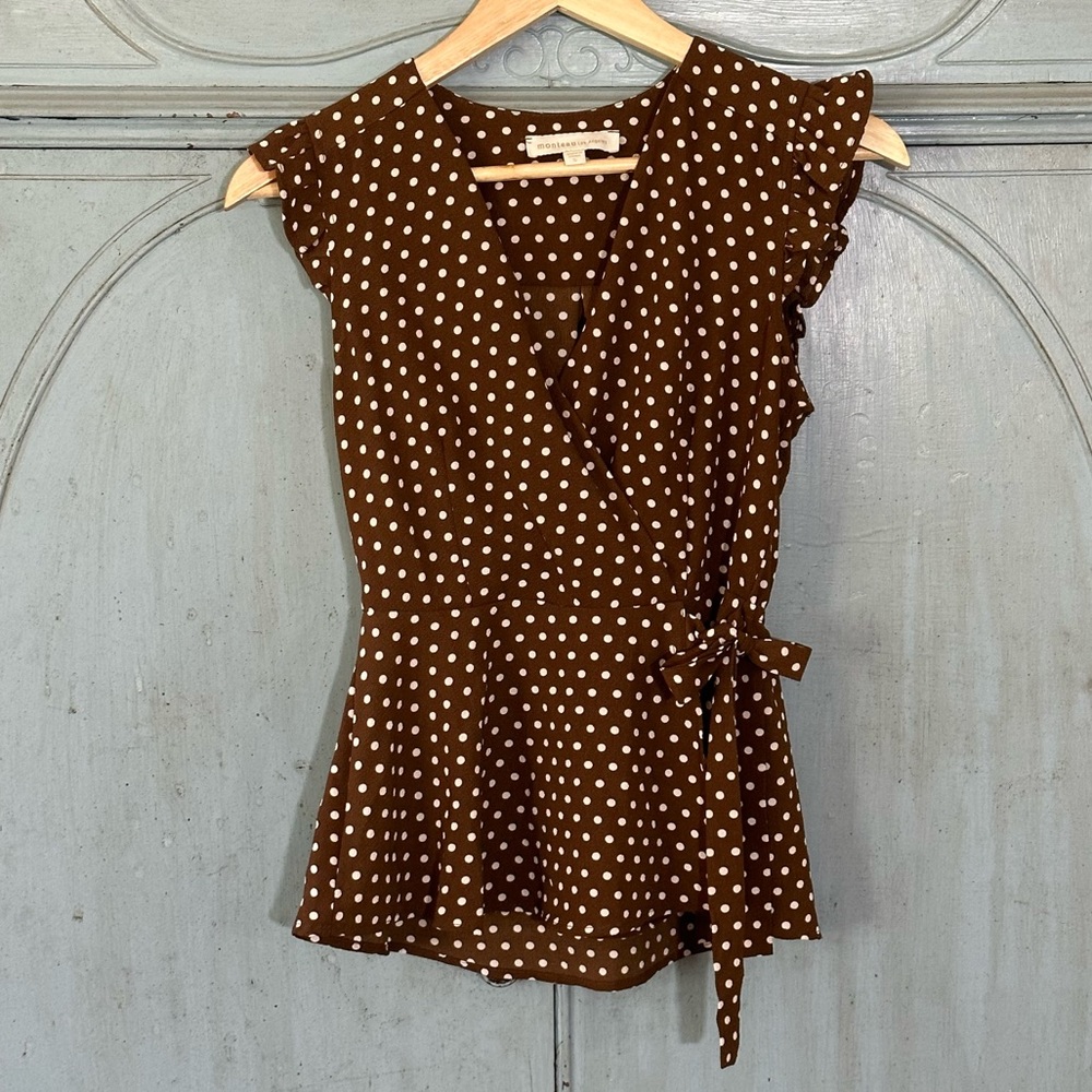EUC Monteau Sleeveless Polka Dot Wrap Peplum Blouse brown size small